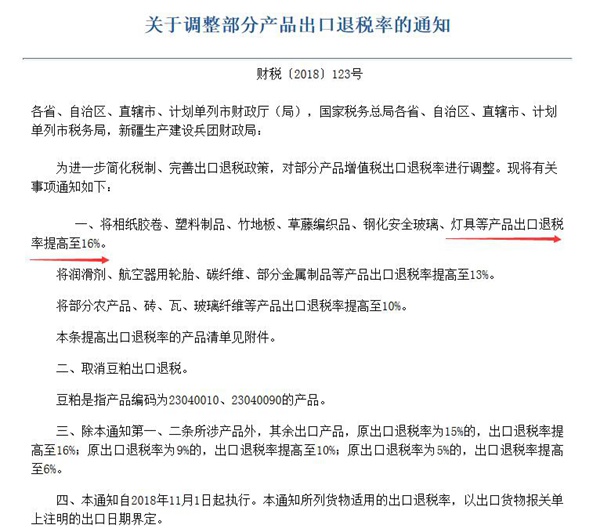 好消息：燈具出口退稅率提高至16%，11月1日起執(zhí)行